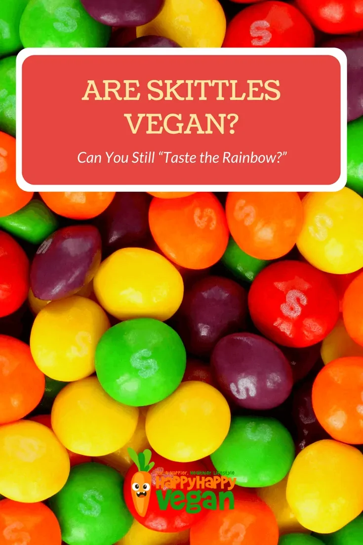 Background of Skittles candy with a text box containing the words, "are skittles vegan?" overlaid