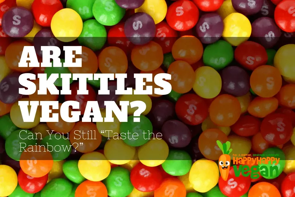Fruit candy background with the words, "Are Skittles vegan?" overlaid on top