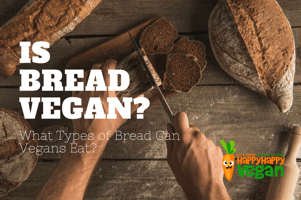 Man cutting a loaf on a wooden table with the word "is bread vegan?" overlaid in white text