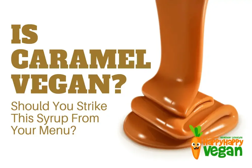 Sweet sauce being poured into layers against a white background for a post which asks, "can vegans eat caramel?"