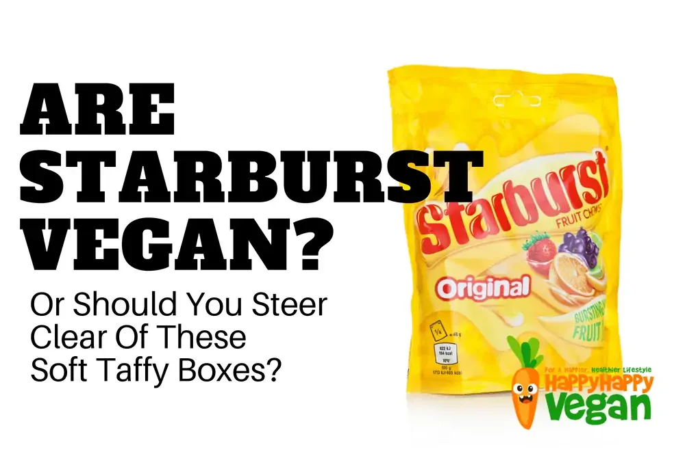 Family pack of soft fruit chews with the text "Are Starburst Vegan?" written in black