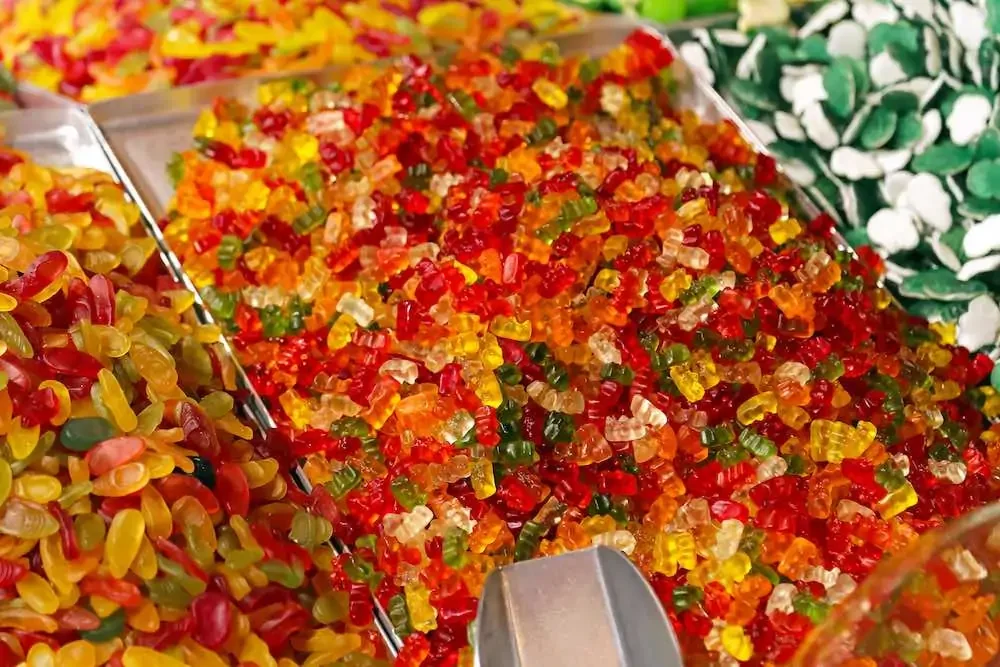 gummy bears at a pick 'n' mix with a scoop