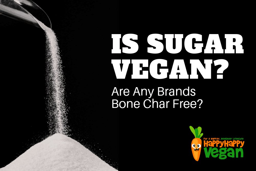 White sugar being poured into a pile against a black background with the words "is sugar vegan?" overlaid in white text
