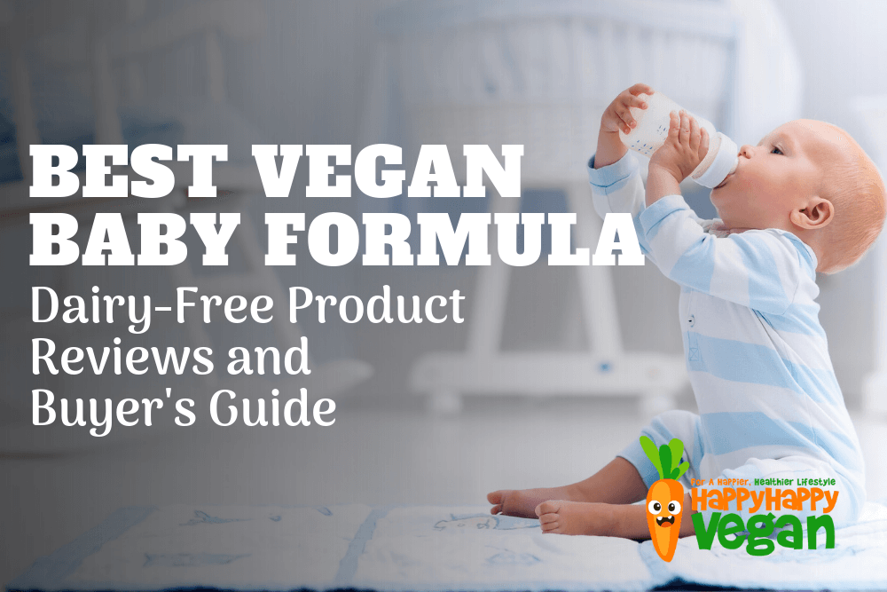vegan baby formula reviews and buyer's guide featured image of infant drinking soy milk from a bottle